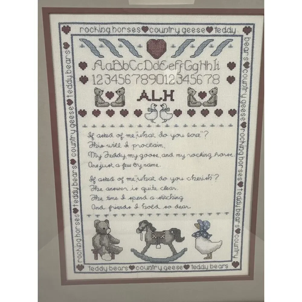Hand Stitched Country Sampler Framed Cross Stitch Teddy Bear Rocking Horse Geese